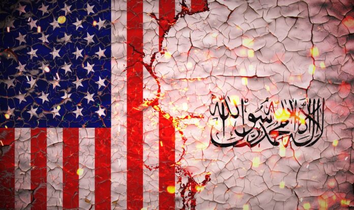 Us,And,Taliban,Flags,Painted,Over,Cracked,Concrete,Wall.and,Lava