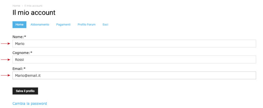 Pannello Il mio account