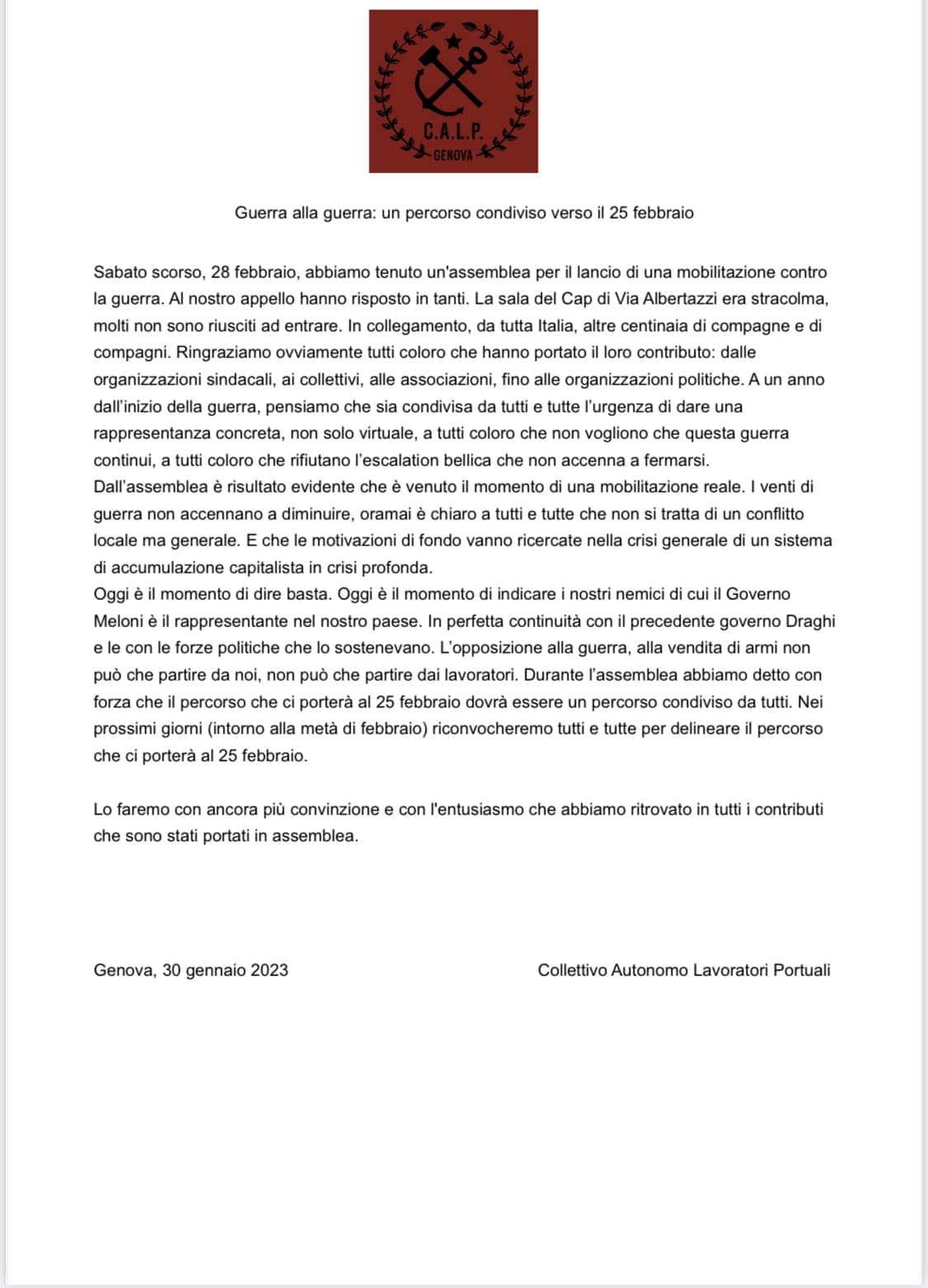 Il comunicato del Comitato dei portuali