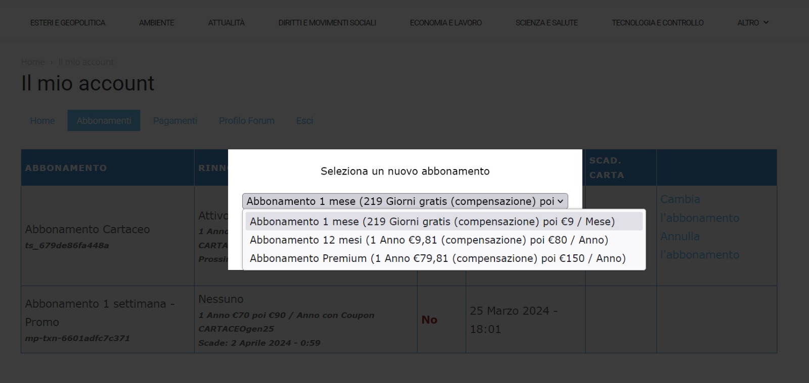 Menu selezione abbonamento Premium